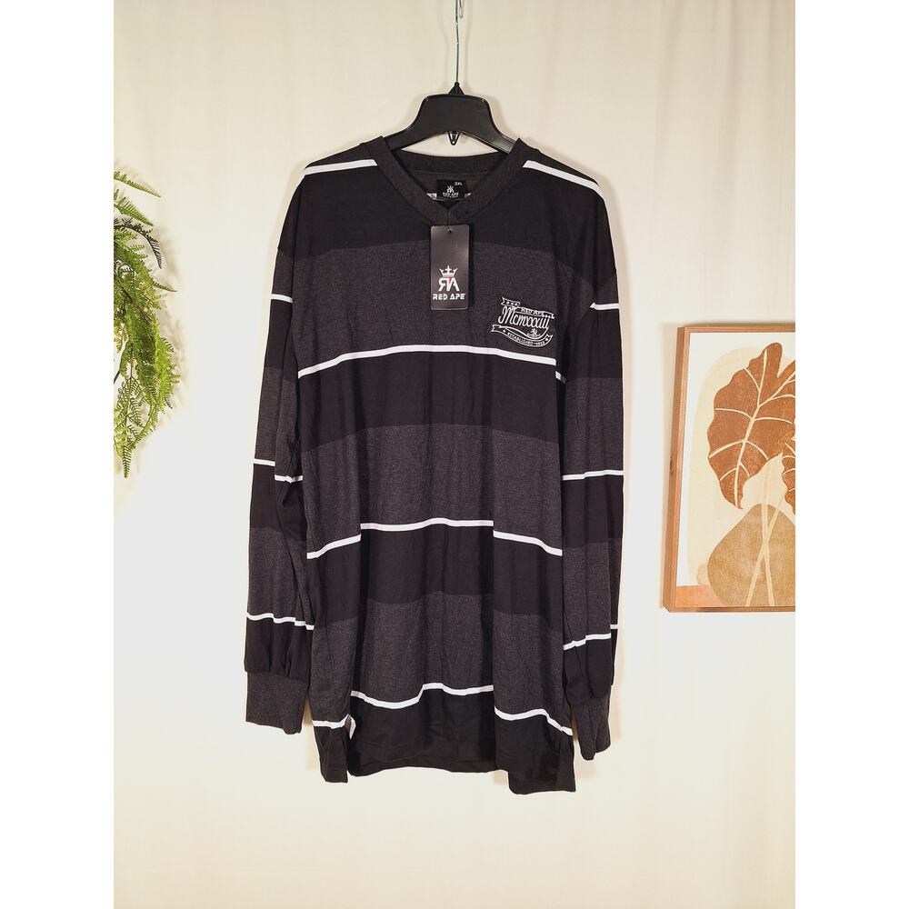 Red Ape Men's Black/White Strip Long-Sleeved Shirt With Emblem Logo 3XL